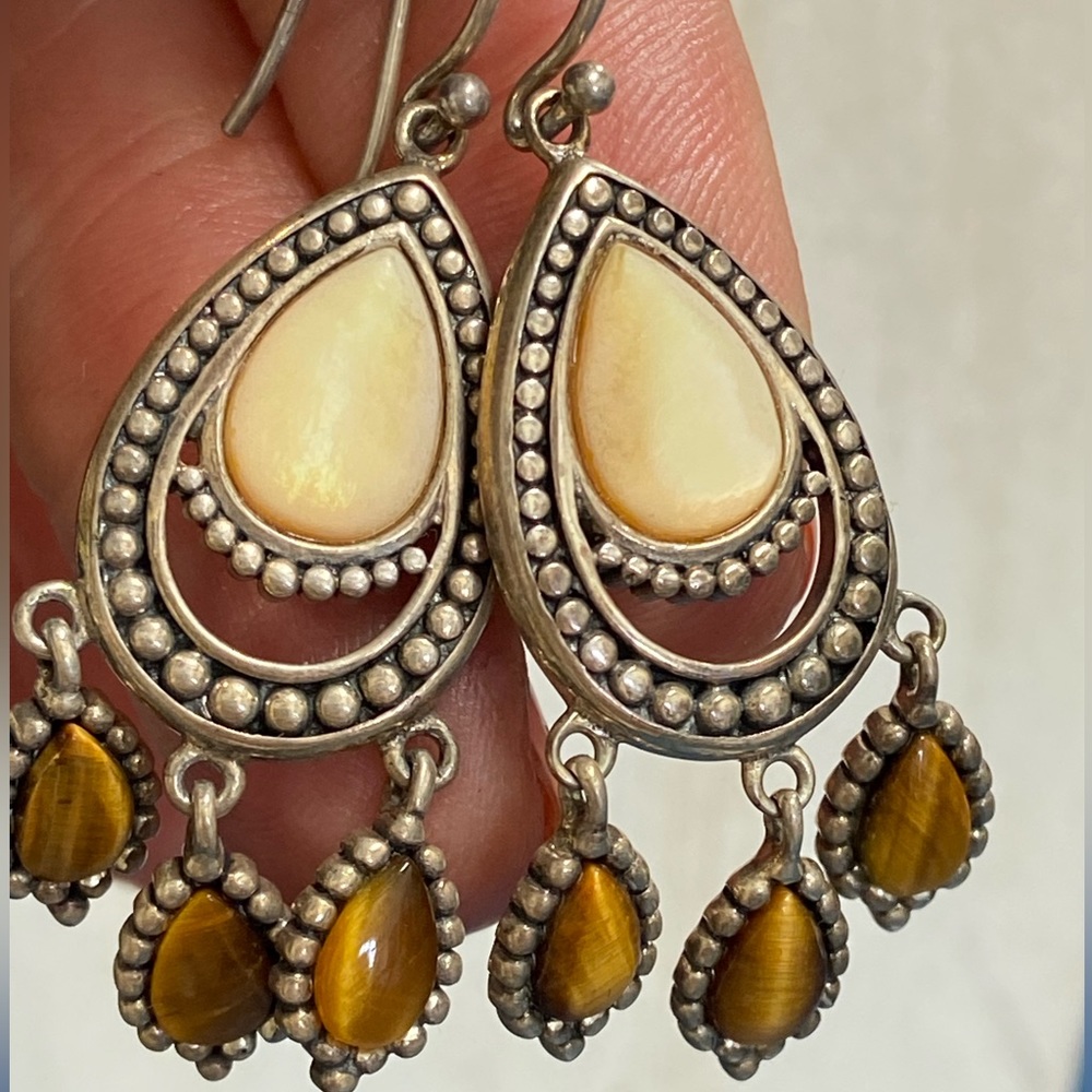 Sterling Silver 2” dangle Earrings Tigers Eye & Mother of Pearl